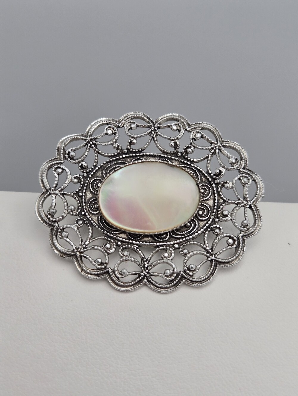 Vintage Silver-Tone Filigree Mother-of-Pearl Brooch Ornate Scrollwork Brooch
